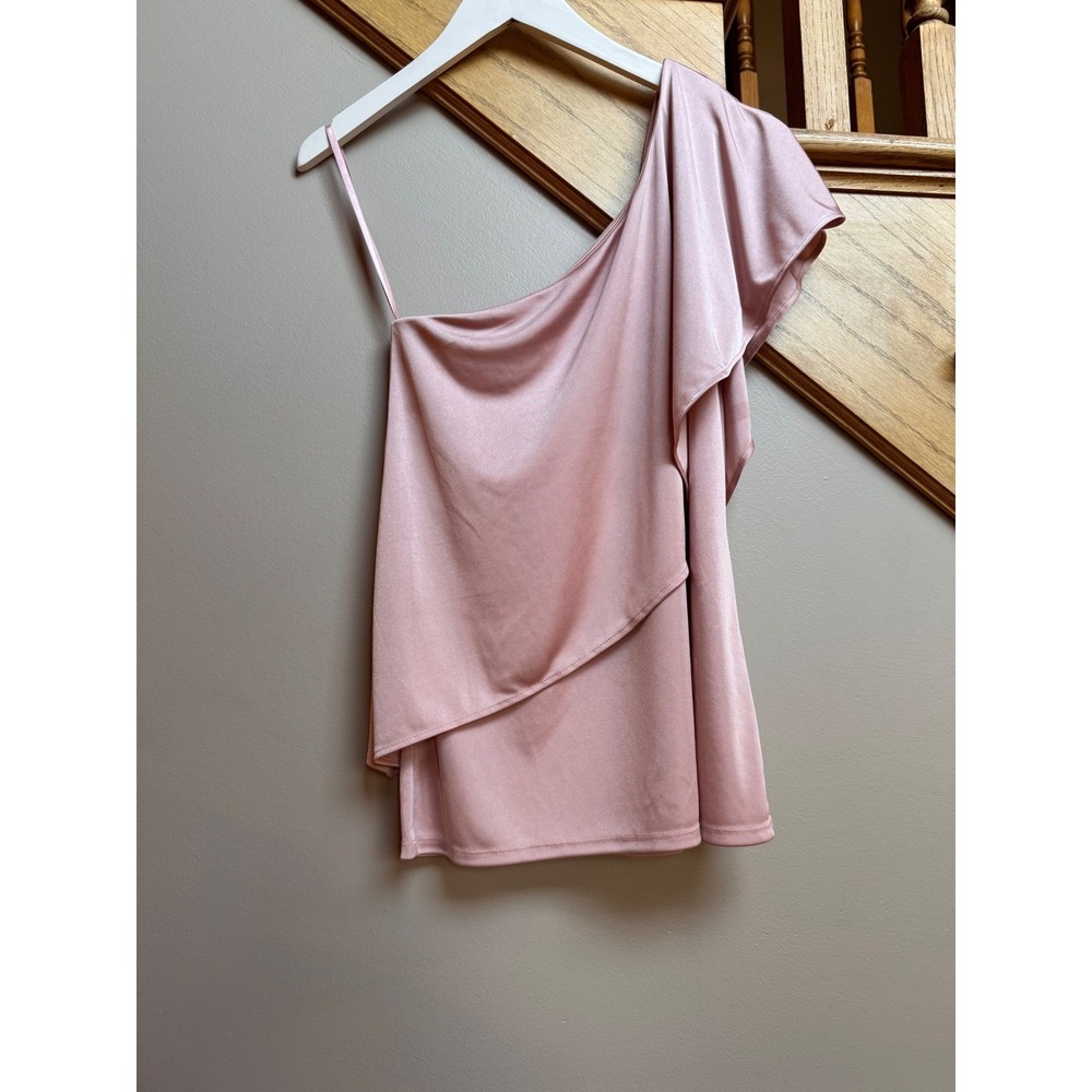 WHBM Medium One Shoulder Draped‎ Blouse Top Pink Asymmetrical Quiet Luxury Chic